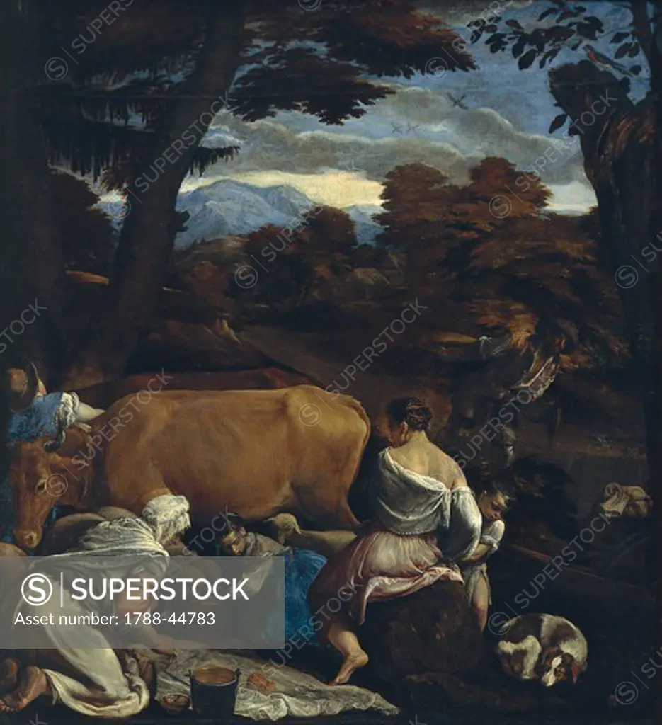 Pastoral Scene, 1560, by Jacopo Bassano (ca 1510-1592), oil on canvas, 139x129 cm.