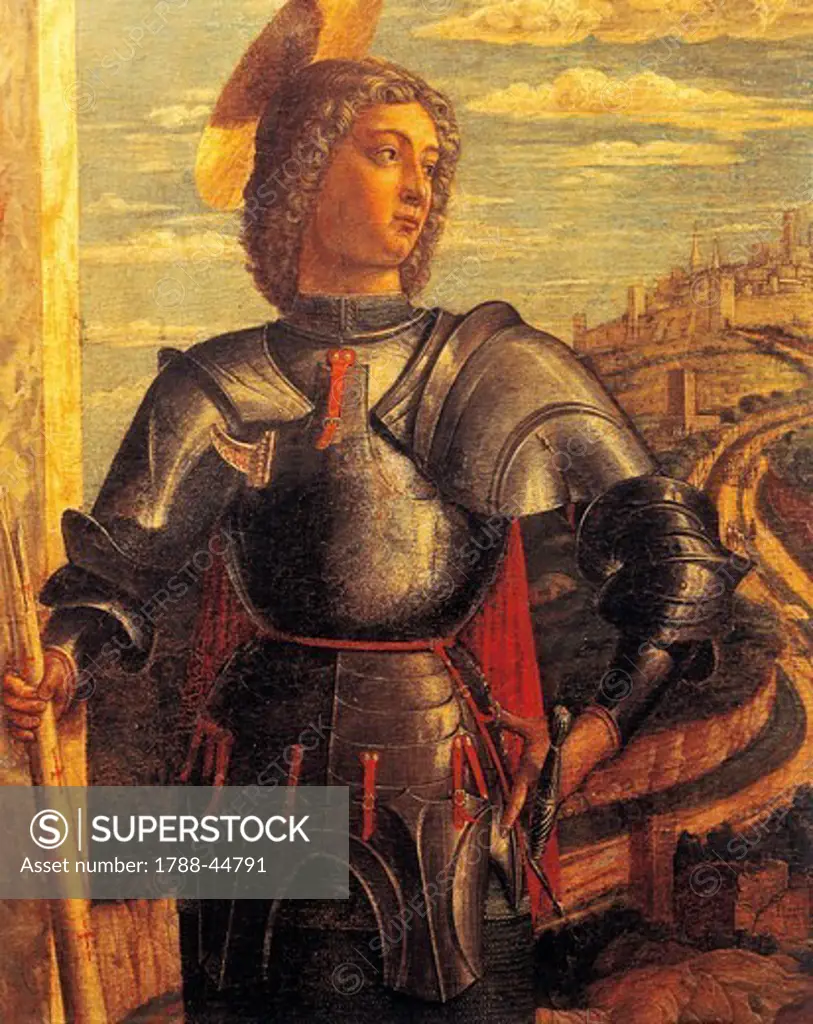 St George, ca 1460, by Andrea Mantegna (1431-1506), tempera on canvas, 66x32 cm. Detail.