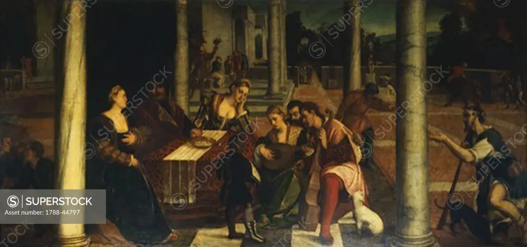 Villa life, or Dives and Lazarus, by Bonifacio de' Pitati (1487-1553).