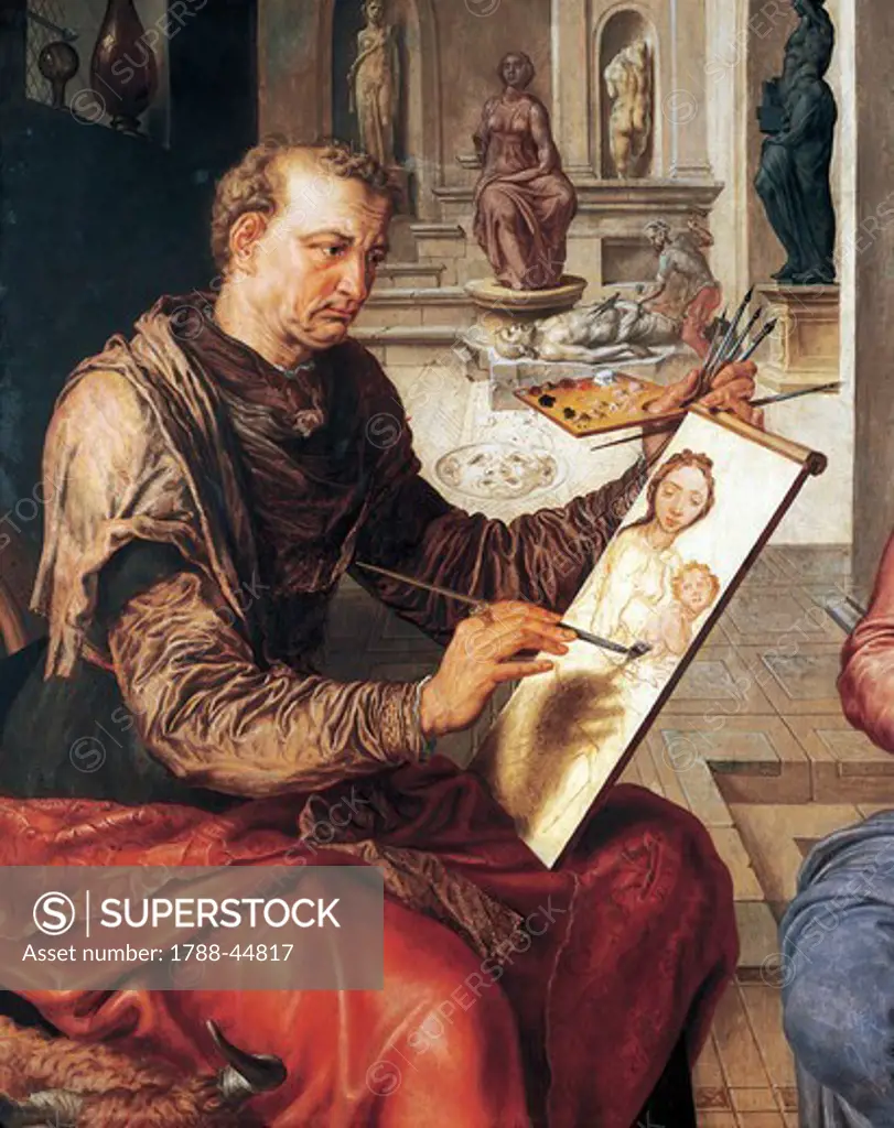 St Luke painting the Virgin, 1550-1553, by Maerten van Heemskerck (1498-1574), oil on canvas, 206x144 cm. Detail.