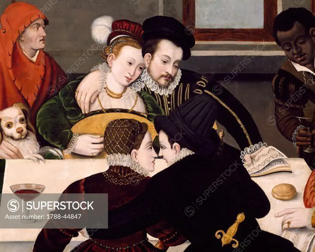 Galant breakfast, ca 1540, by an unknown artist from the Fontainebleau school. Detail.