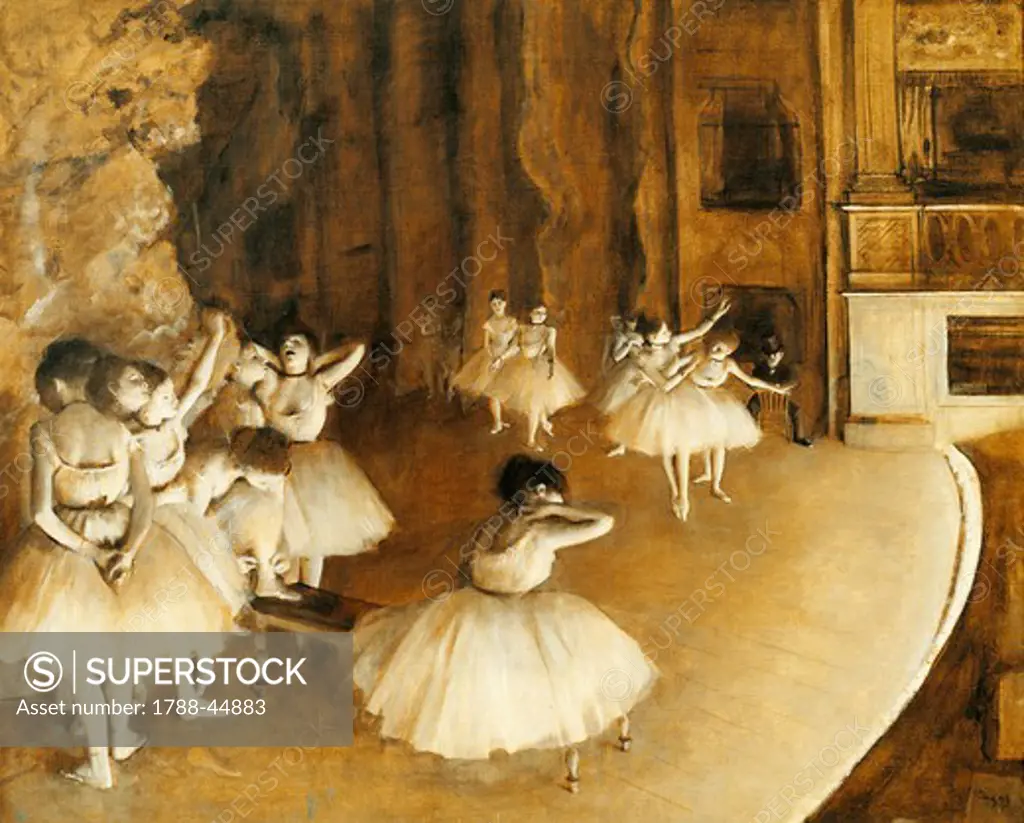 Ballet rehearsal on stage, 1874, by Edgar Degas (1834-1917), oil on canvas, 65x81 cm.