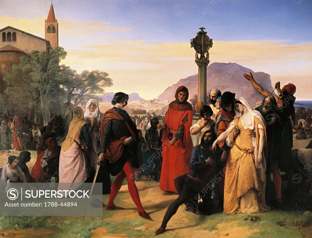 Sicilian Vespers, the bride of Ruggiero Mastrangelo from Palermo insulted by the French Droetto is avenged with the death of this, 1846, by Francesco Hayez (1791-1882), oil on canvas, 225x300 cm.