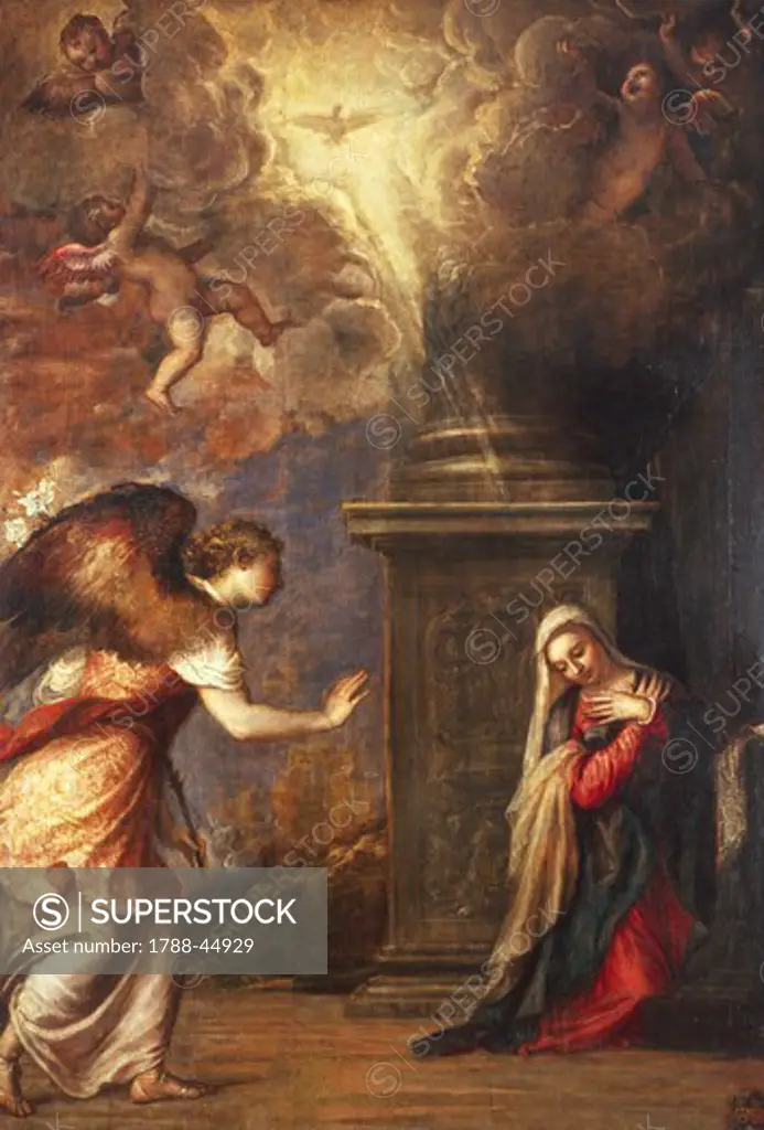 The Annunciation, 1557, by Titian (ca 1490-1576), from the Church of San Domenico Maggiore in Naples, oil on canvas, 280x210 cm.