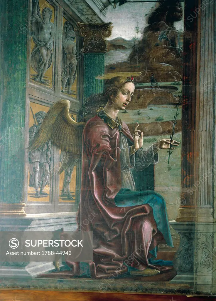 Annunciation, organ-shutter wood in the Cathedral of Ferrara, 1469, by Cosme' Tura (1430-ca 1495), tempera on canvas, 349x305 cm. Detail.