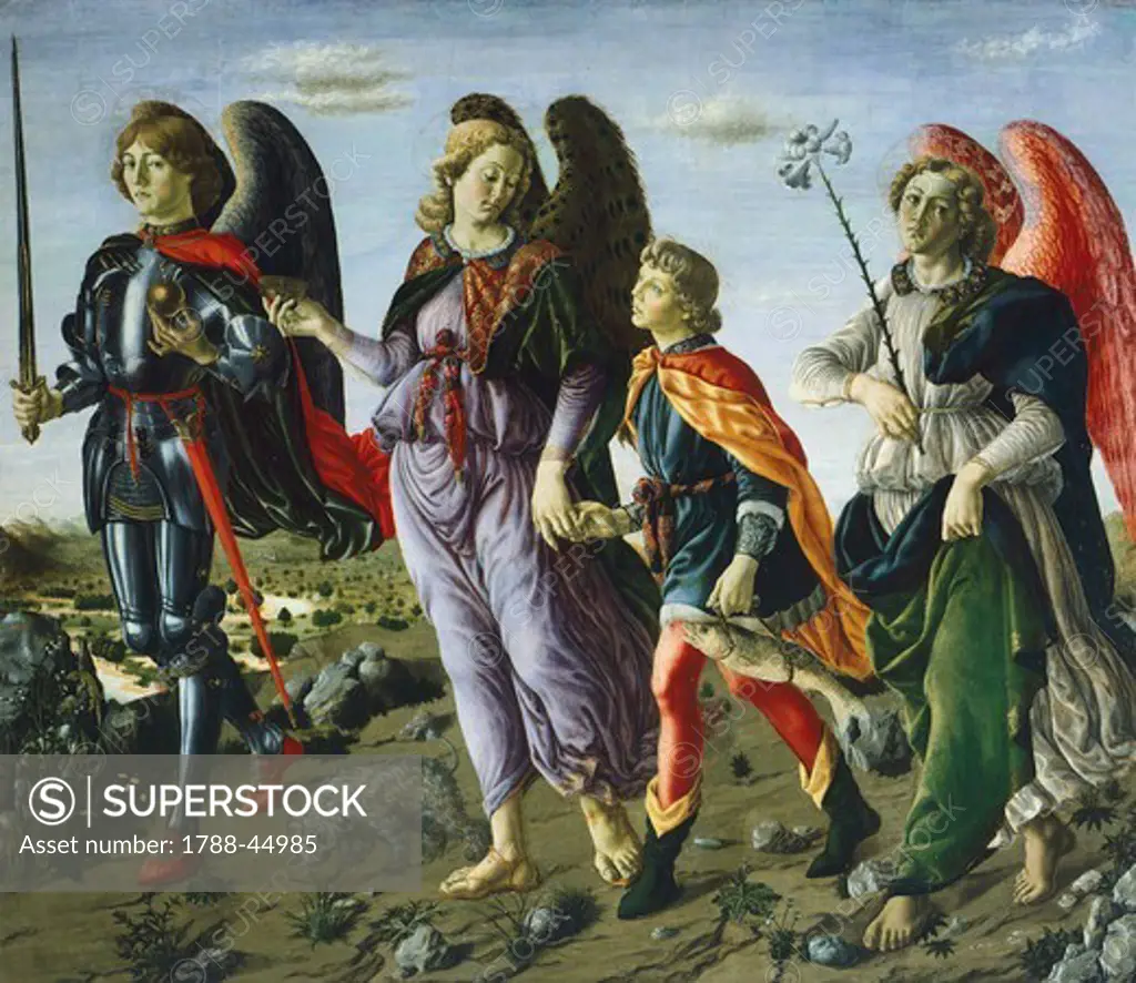 Panel with three Angels and Tobias, ca 1470, by Francesco Botticini (1446-1497) and Andrea del Verrocchio (1437-1488), 135x154 cm.