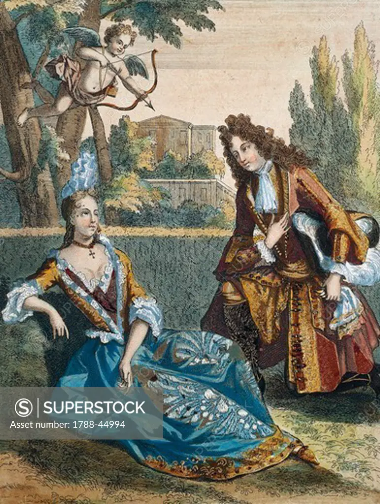 A Woman Seated on the Grass, by Nicolas Bonnart (1636-1718), colour engraving. France, 17th century