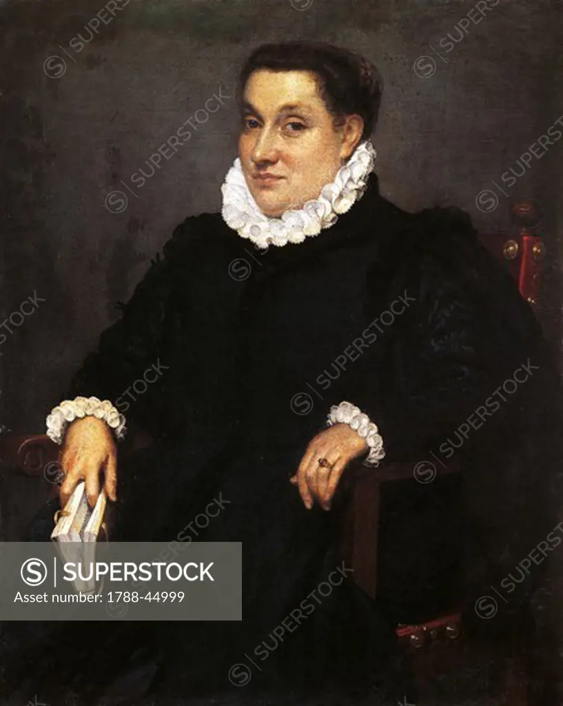 Seated woman with a book, ca 1570, by Giovanni Battista Moroni (ca 1525-1578), oil on canvas, 98x80 cm.