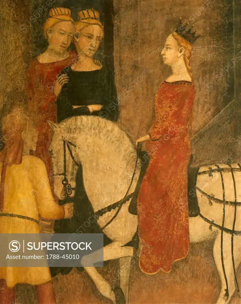 Effects of Good Government in the City, Lady on Horseback, detail from the Allegory and Effects of Good and Bad Government on Town and Country, 1337-1343, by Ambrogio Lorenzetti (active 1285-1348), fresco. Room of Peace, Palazzo Publico, Siena.