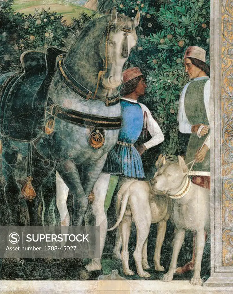 Horse, mastiffs and grooms of Count Ludovico Gonzaga, detail from the Wall of the Meeting, 1465-1474, by Andrea Mantegna (1431-1606), fresco. Castello di San Giorgio, Wedding Chamber or Picta House, Mantua.