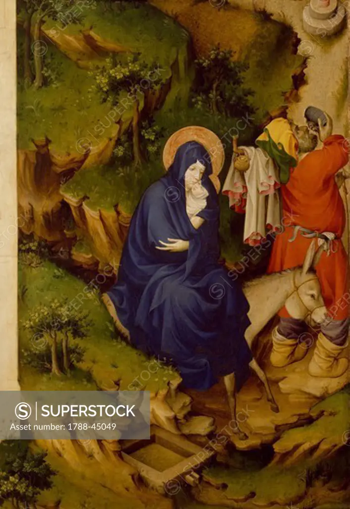 Flight into Egypt, detail from the right panel of the Champmol Altar, 1393-1399, by Melchior Broederlam (ca 1355-ca 1411), tempera on wood, 167x125 cm.
