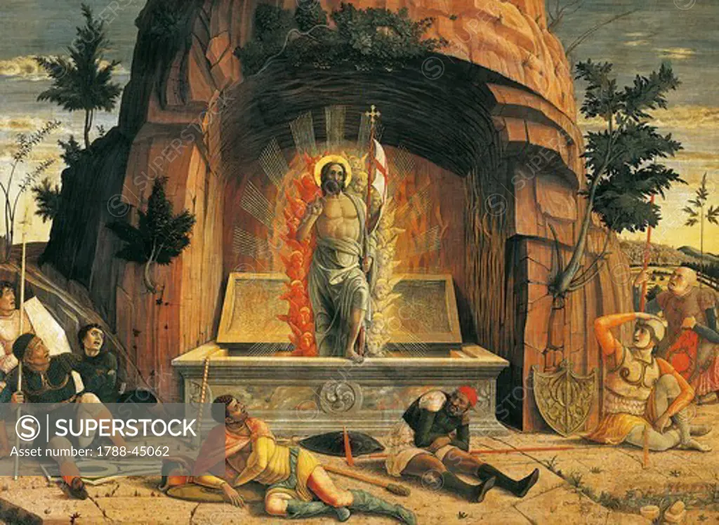 The resurrection, 1457-1459, by Andrea Mantegna (1431-1506), tempera on wood, 70x92 cm.