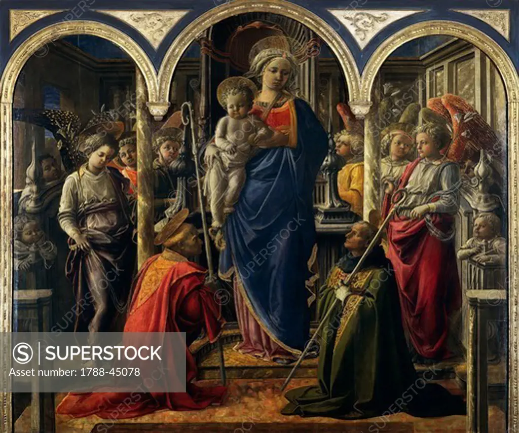 Madonna and Child with Angels and Saints, also called Our Lady of the Holy Spirit or Barbadori Altarpiece, 1438, by Filippo Lippi (ca 1406-1469), tempera on wood, 208x244 cm.