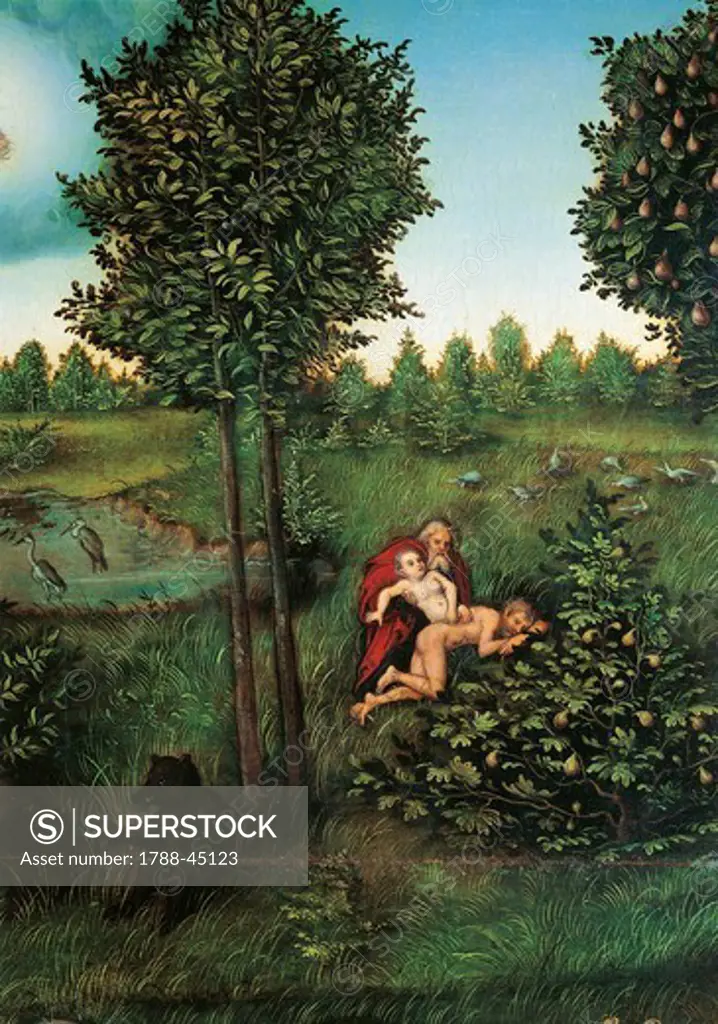 Adam and Eve in The Garden of Eden, 1530, by Lucas Cranach the Elder (1472-1553), oil on panel. Detail.