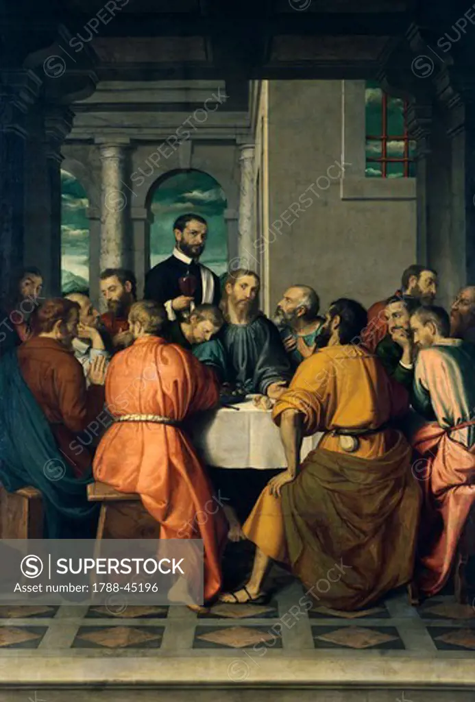 Last Supper, 1567, by Giovanni Battista Moroni (1525 ca- 1578), oil on canvas. Church of Santa Maria Assunta and San Giacomo Maggiore, Romano di Lombardia.
