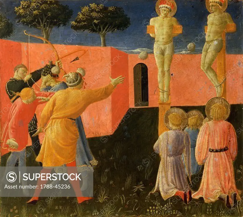 St Cosmas and St Damian crucified and stoned in vain, a panel of the predella from the Altarpiece of Annalena, ca 1430, by Giovanni da Fiesole, known as Fra Angelico (ca 1400- 1455), tempera on wood, 108x202.