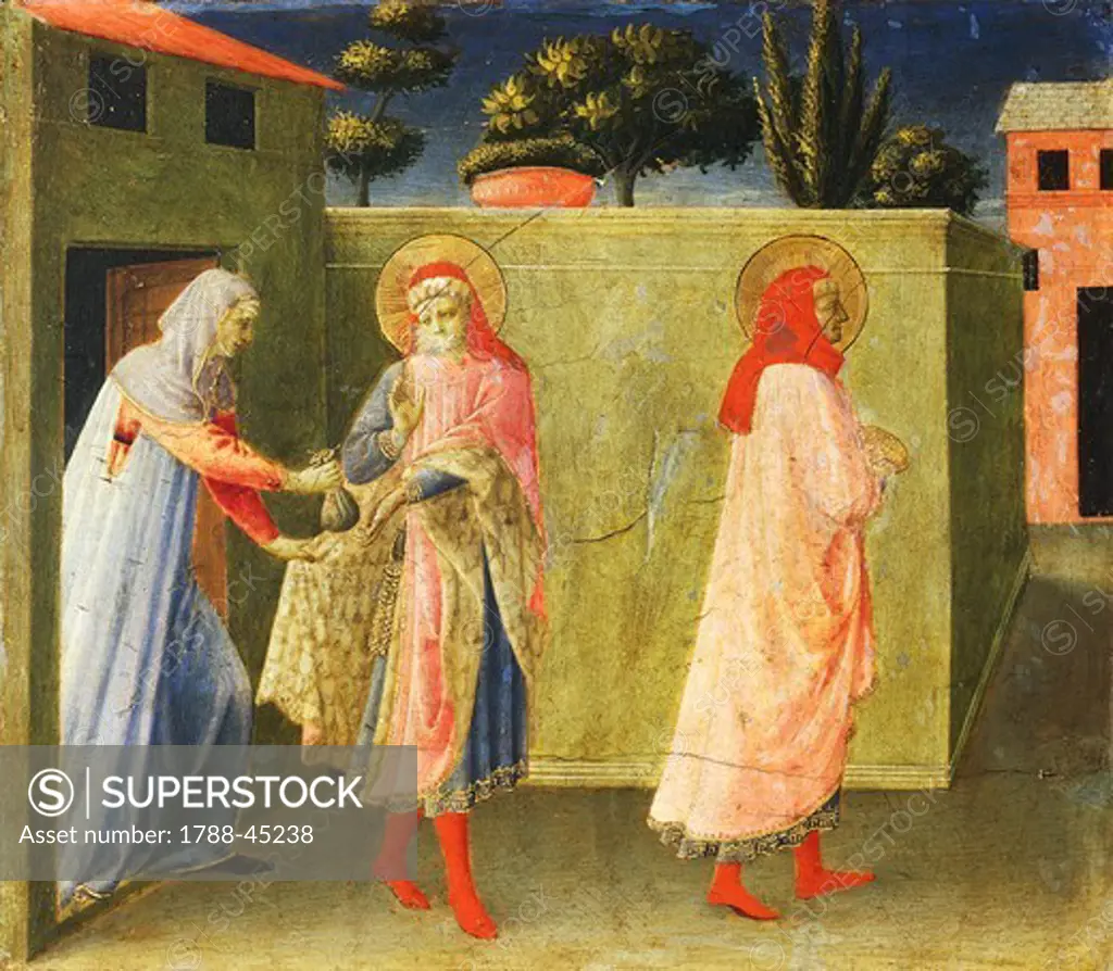 San Damiano receiving money, a panel of the predella from the Altarpiece of Annalena, ca 1430, by Giovanni da Fiesole, known as Fra Angelico (ca 1400- 1455), tempera on wood, 108x202.