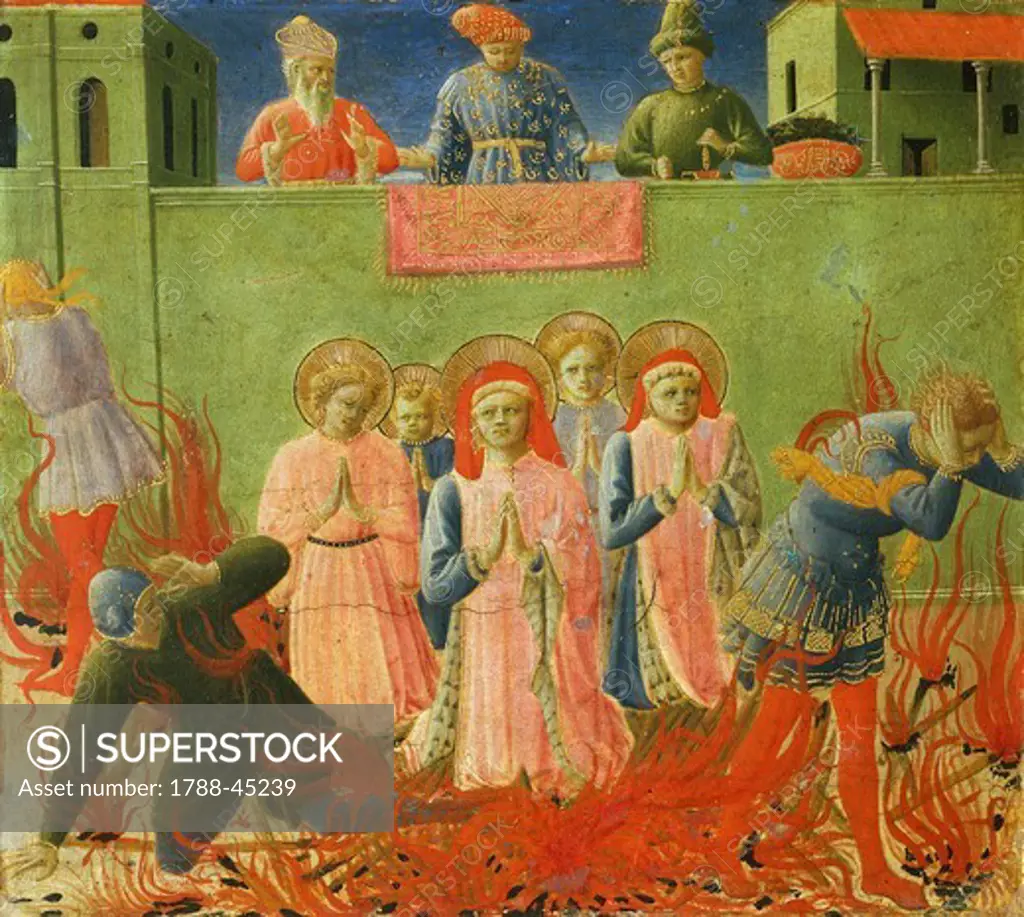 St Cosmas and St Damian being burned at the stake in vain, detail from the predella of Annalena Altarpiece, ca 1430, by Giovanni da Fiesole known as Fra Angelico (1400-ca 1455), tempera on wood, 108x202 cm.