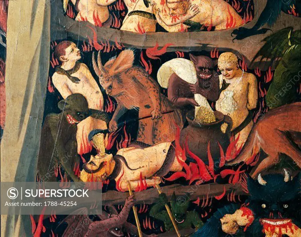 Hell with demons punishing the greedy, detail from The Last Judgement, 1431, by Giovanni da Fiesole known as Fra Angelico (1400-ca 1455), tempera on wood, 105x210 cm.