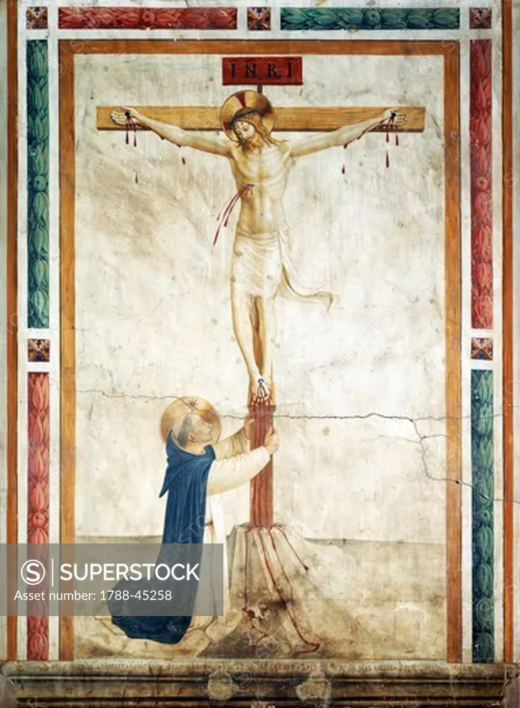 St Dominic adoring the Crucifix, by Giovanni da Fiesole, known as Fra Angelico (ca 1400-1455), fresco. Corridor of the Convent of St Mark's, Florence.