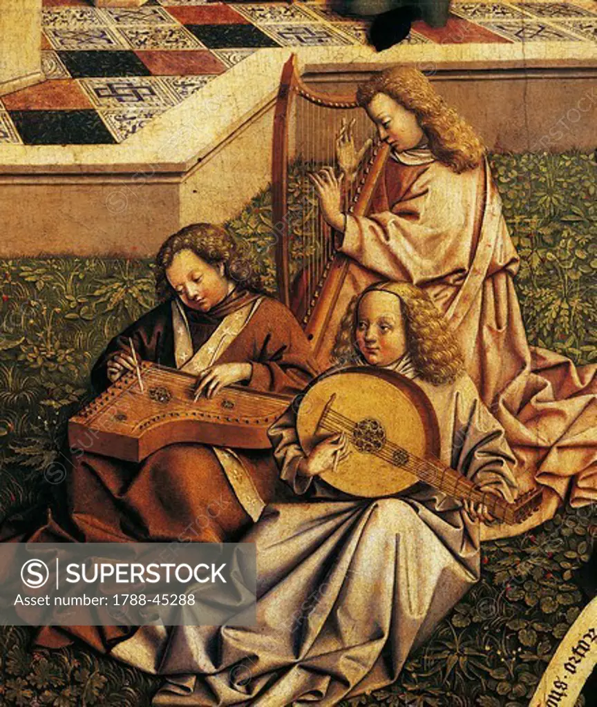 Angel musicians, detail from the Source of grace, from the School of Jan Van Eyck, 15th Century.