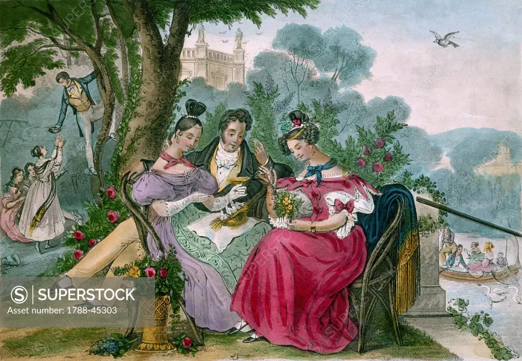 Spring, society scene, print. France, 19th Century.