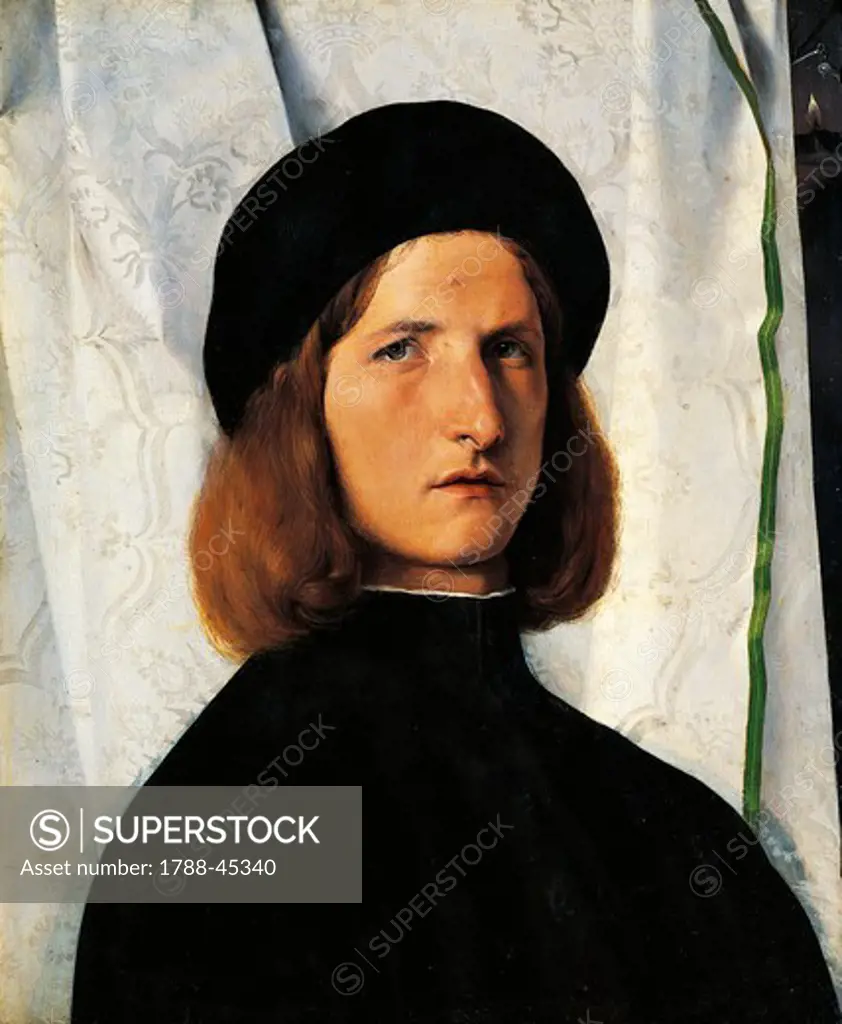 Portrait of a young man with a lamp, ca 1506, by Lorenzo Lotto (1480 ca- 1556), oil on panel, 42.3x35.3 cm.