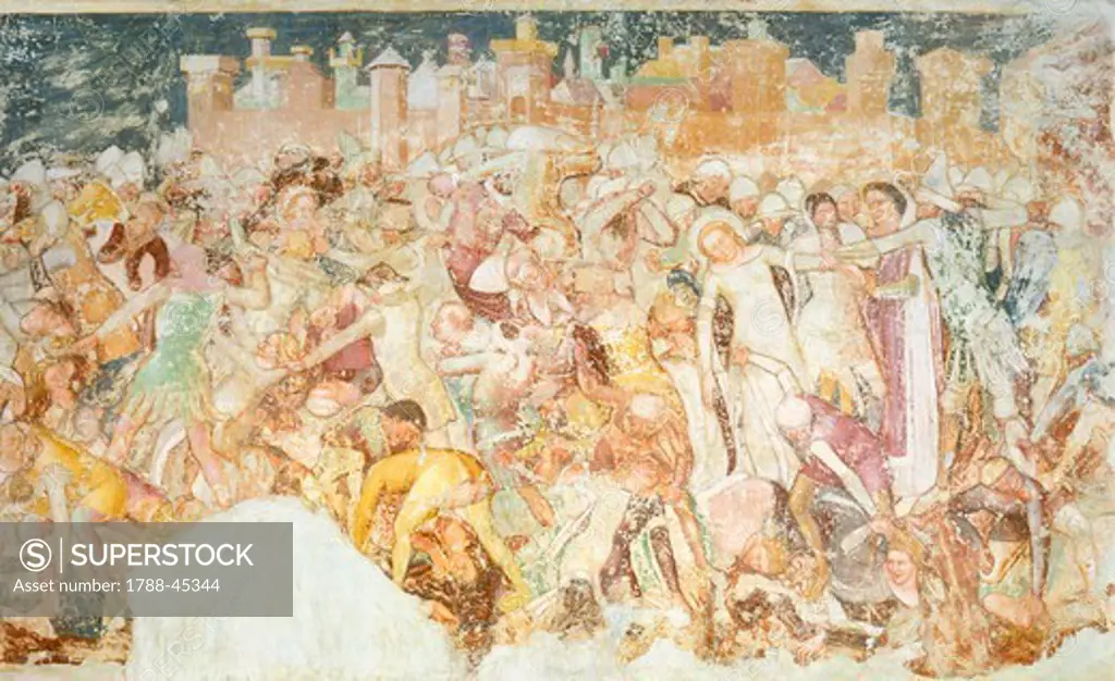 Martyrdom, detail from the Legend of St Ursula, by Tommaso da Modena (1326-1379), fresco. Detail. Church of Santa Caterina, Treviso.