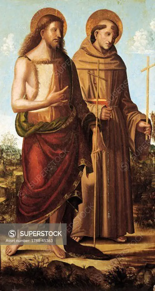 St Francis of Assisi and St John the Baptist, detail from an altarpiece, by Giovanni di Luca da Eboli (active 1st half of the 16th century). St Francis Convent, Pietrapertosa, Italy.