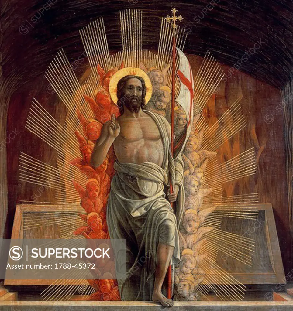 The resurrection, 1457-1459, by Andrea Mantegna (1431-1506), tempera on wood, 70x92 cm. Detail depicting Christ