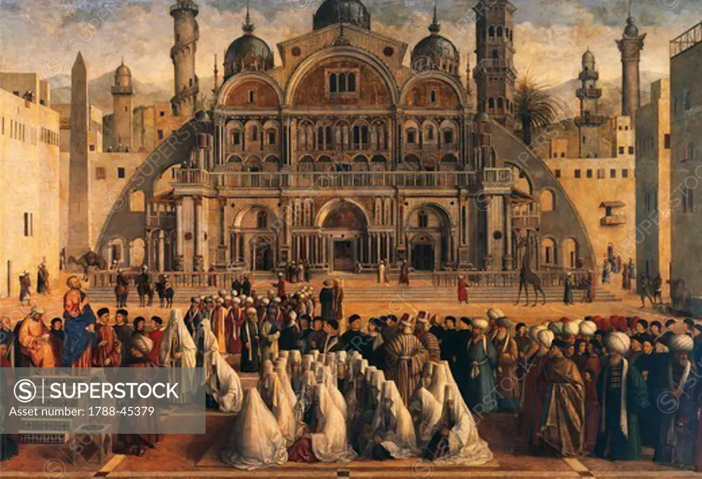 St Mark Preaching in Alexandria, Egypt, 1504-1507, by Gentile Bellini (1429-1507) and Giovanni Bellini (1430-ca 1516), oil on canvas, 347x770 cm. Detail.