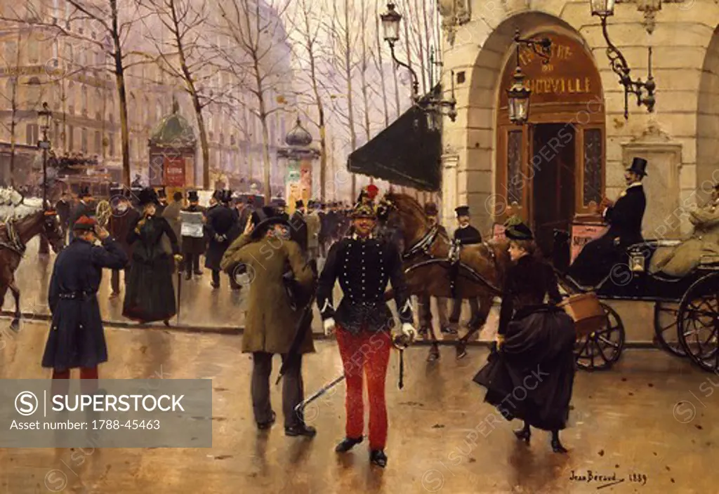 The Boulevard des Capucines and the Vaudeville Theatre in Paris, 1889, by Jean Beraud (1849-1935), oil on panel, 35x51 cm.
