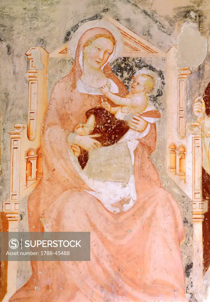 Madonna and child, by Tommaso da Modena (1326-1379), fresco. Church of San Francesco, Treviso.