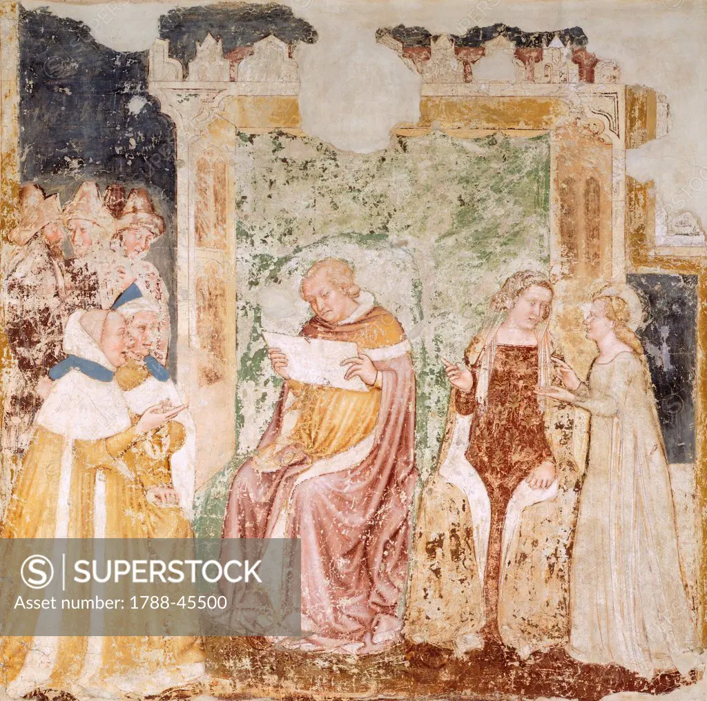 Embassy to the King of Brittany, detail from the Stories of St Ursula, by Tommaso da Modena (1326-1379), fresco. Detail. Church of Santa Caterina, Treviso.