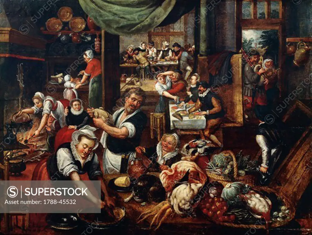 Inside the kitchen, by Marten van Cleve (ca 1527-1581).