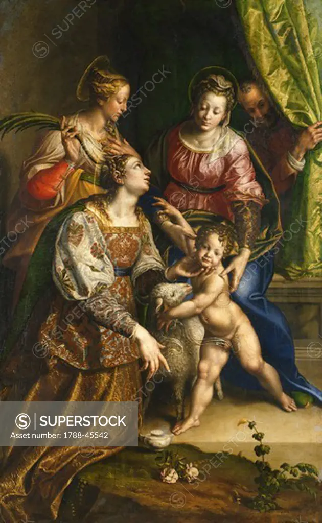 Holy conversation or Madonna with Child and Saints Joseph, Catherine and Agnes, by Antonio Campi (1524-1587). Oil on canvas, 230x145 cm.