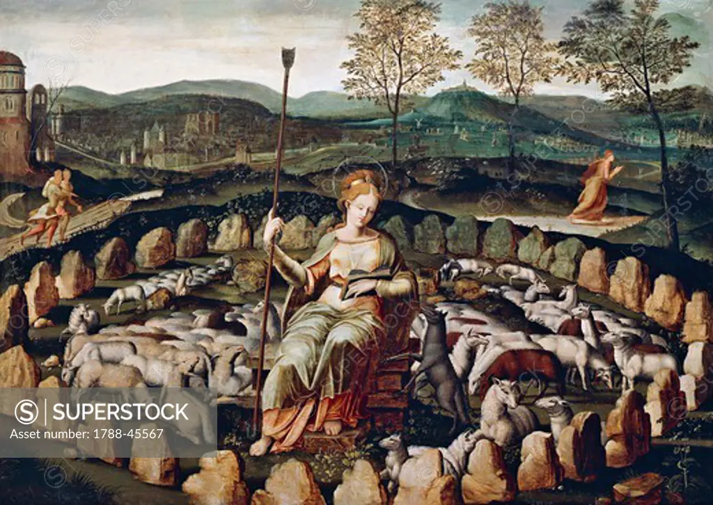 St Genevieve guarding the sheep with Paris in the background, 16th century, by an unknown artist.