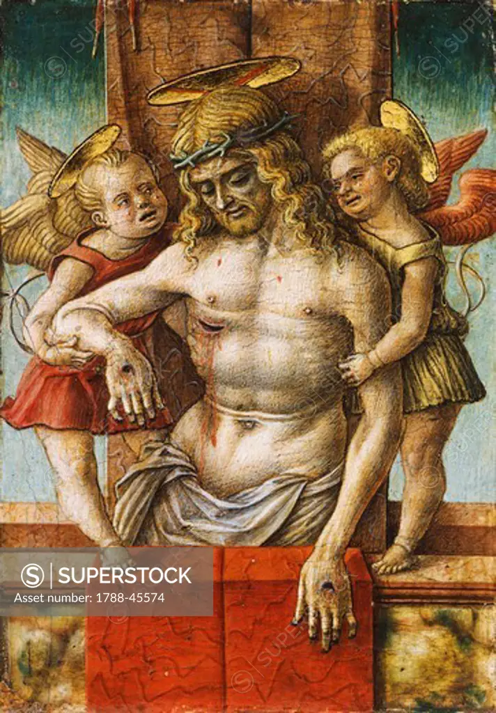 The Dead Christ supported by Two Angels, by Carlo Crivelli (ca 1430- ca 1495), tempera on wood, 17x12 cm.