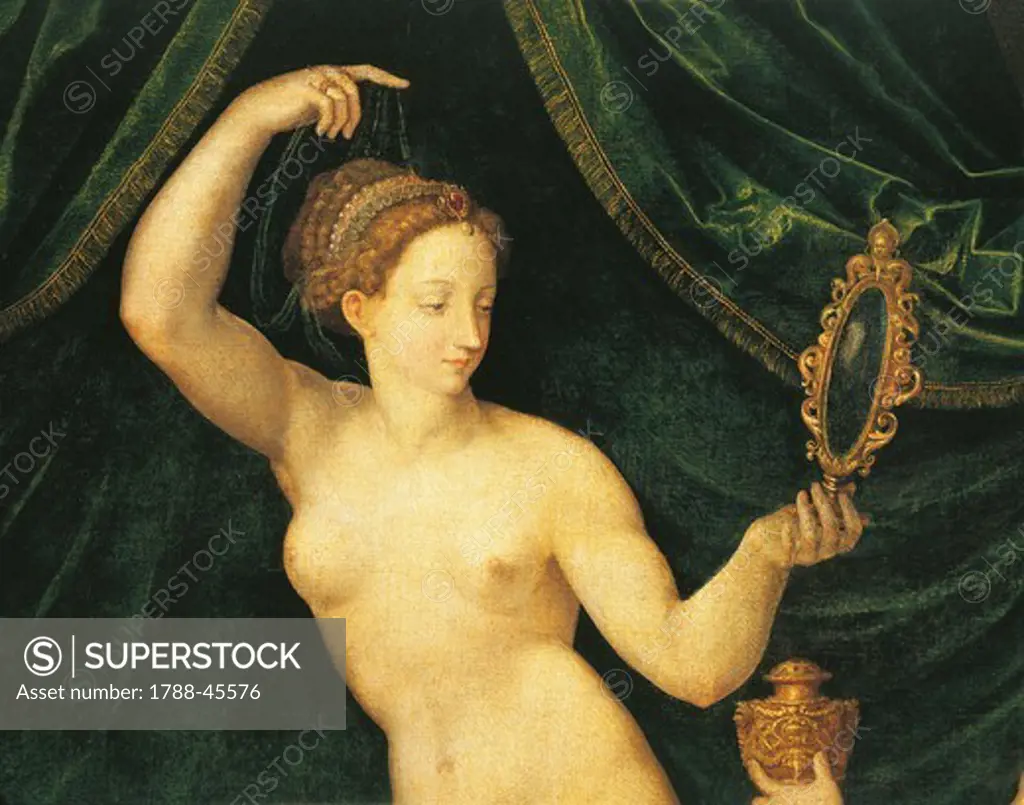 Venus at her toilette, ca 1550, by an unknown artist from the Fontainebleau school, 97x126 cm. Detail.