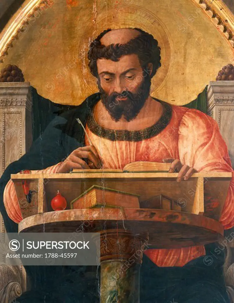 St Luke at his desk, detail from the altarpiece of St Luke, 1453-1454, by Andrea Mantegna (1431-1506), tempera on wood, 177x230 cm.