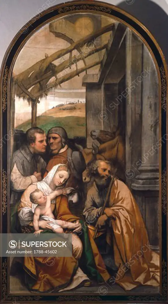 Nativity or Adoration of the Shepherds, 1525-1549, by Moretto da Brescia (1498-1554), tempera on canvas, 153x273 cm.