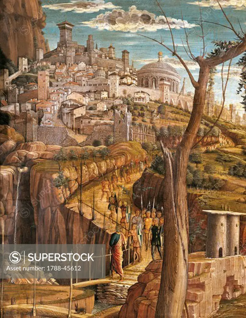 Agony in the Garden, 1457-1459, by Andrea Mantegna (1431-1506), tempera on wood, 71x94 cm. Detail view of Jerusalem.