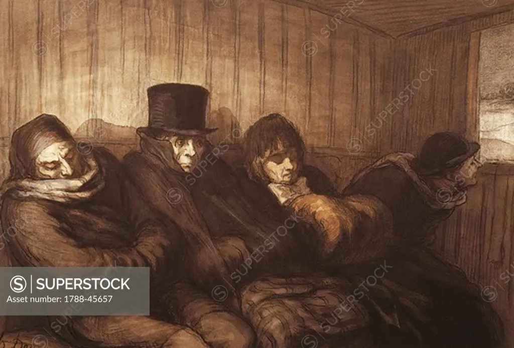 Interior of a second-class carriage, by Honore Daumier (1808-1879).