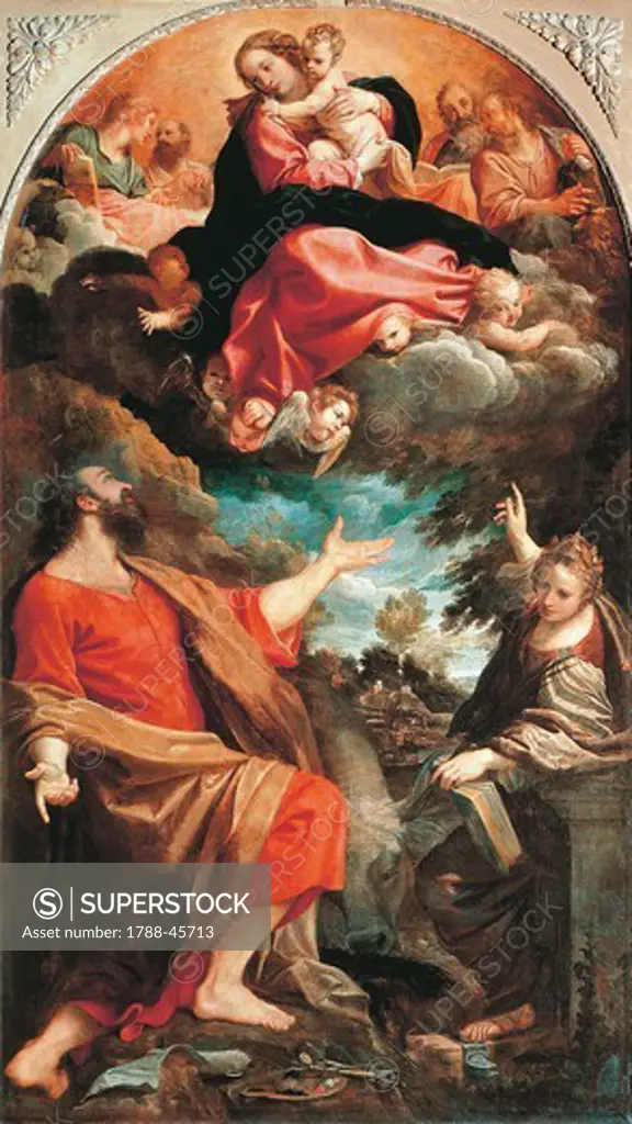 The Virgin appears to Saints Luke and Catherine, ca 1592, by Annibale Carracci (1560-1609), oil on canvas, 401x226 cm.