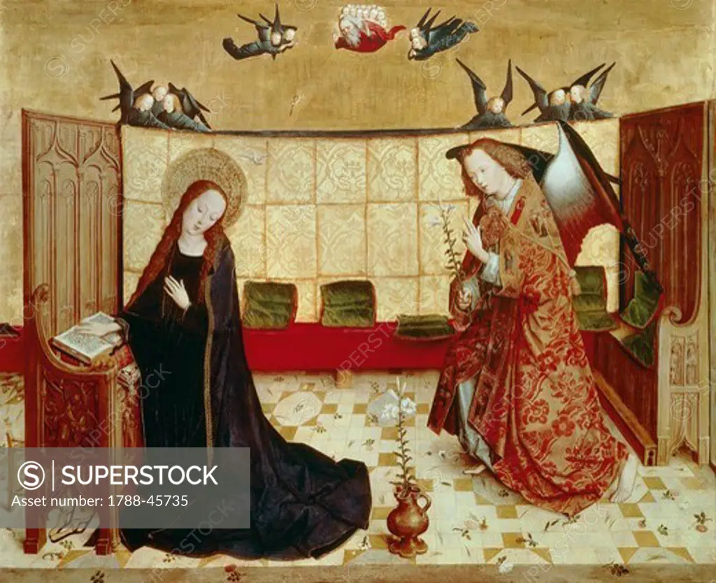Annunciation, scene from the Life of the Virgin Mary, ca 1463, by the Master of the Life of the Virgin (active ca 1463-1480), panel.