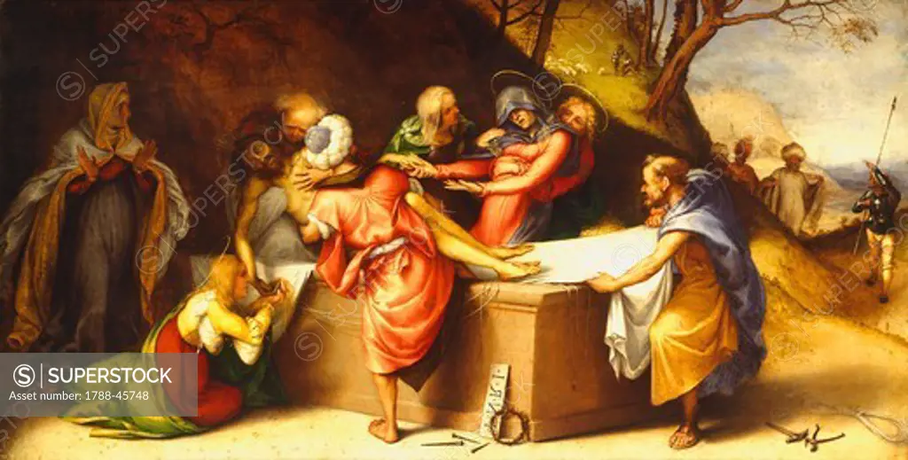 Deposition of Christ in the tomb, ca 1516, by Lorenzo Lotto (1480 ca- 1556), oil on panel, 50.9 x 96.8 cm.