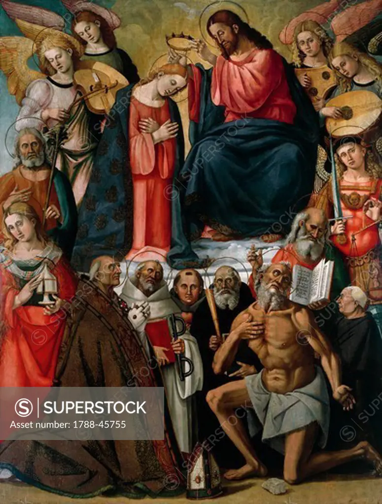 Coronation of the Virgin with Angels and Saints, 1523, by Luca Signorelli (ca 1445-1523) and his assistants. Collegiate Church of St Martin and Leonard, Foiano della Chiana, Arezzo.