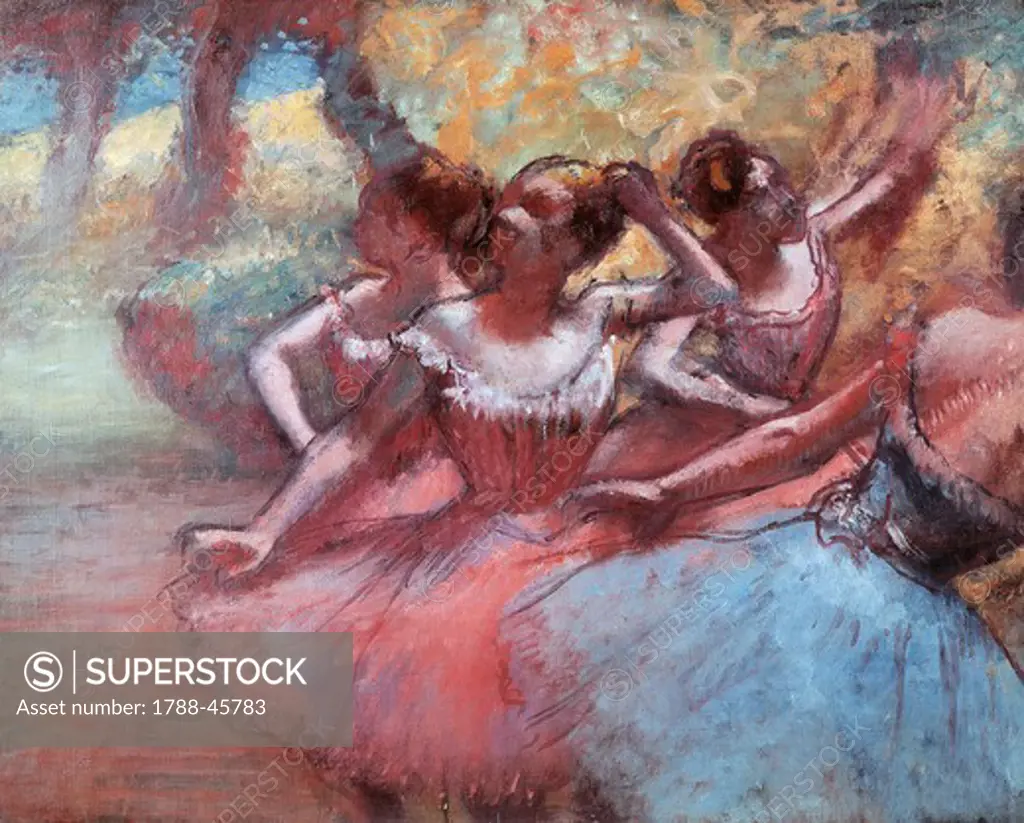 Four dancers on stage, by Edgar Degas (1834-1917).