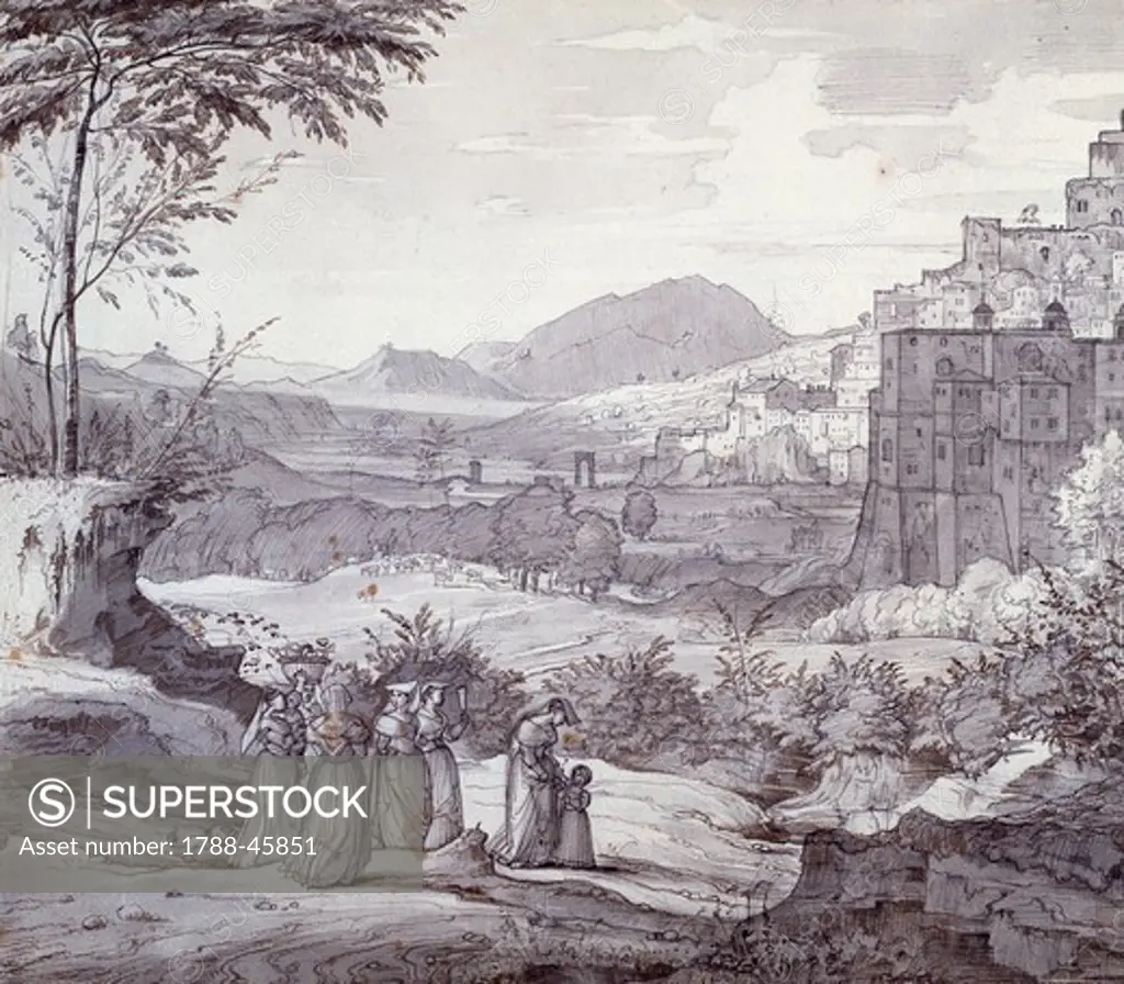 View of Subiaco showing a peasant, by Franz Theobald Horny (1798-1824).