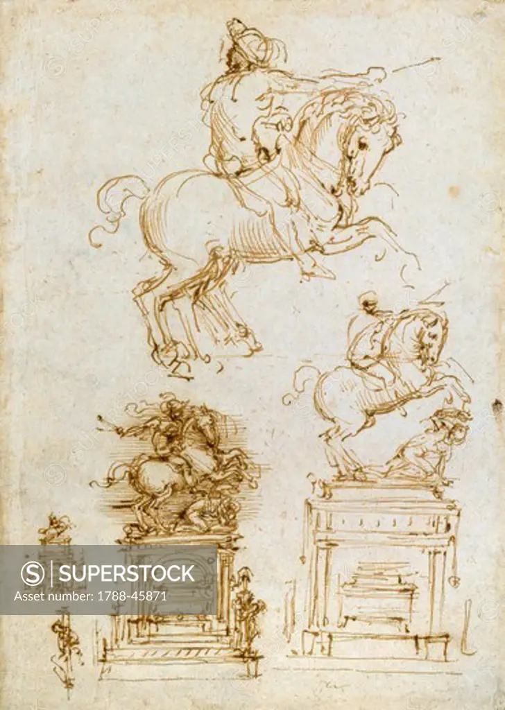 Equestrian figures, studies for the Trivulzio Monument, 1508-1511, by Leonardo da Vinci (1452-1519), pen and ink on paper, 27.8x19.8 cm.